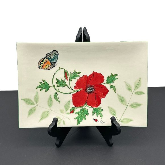 Art Pottery Poppy Flowers Butterfly Rectangle Plate Ceramic Hand Painted 11 x 7" - Picture 1 of 10
